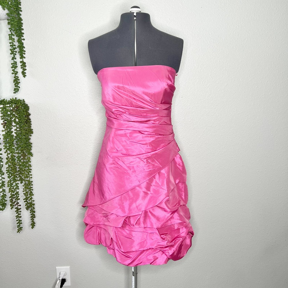 Onyx Nite Pink Satin Strapless Gathered Ruffle Mini Dress Women's Size 8